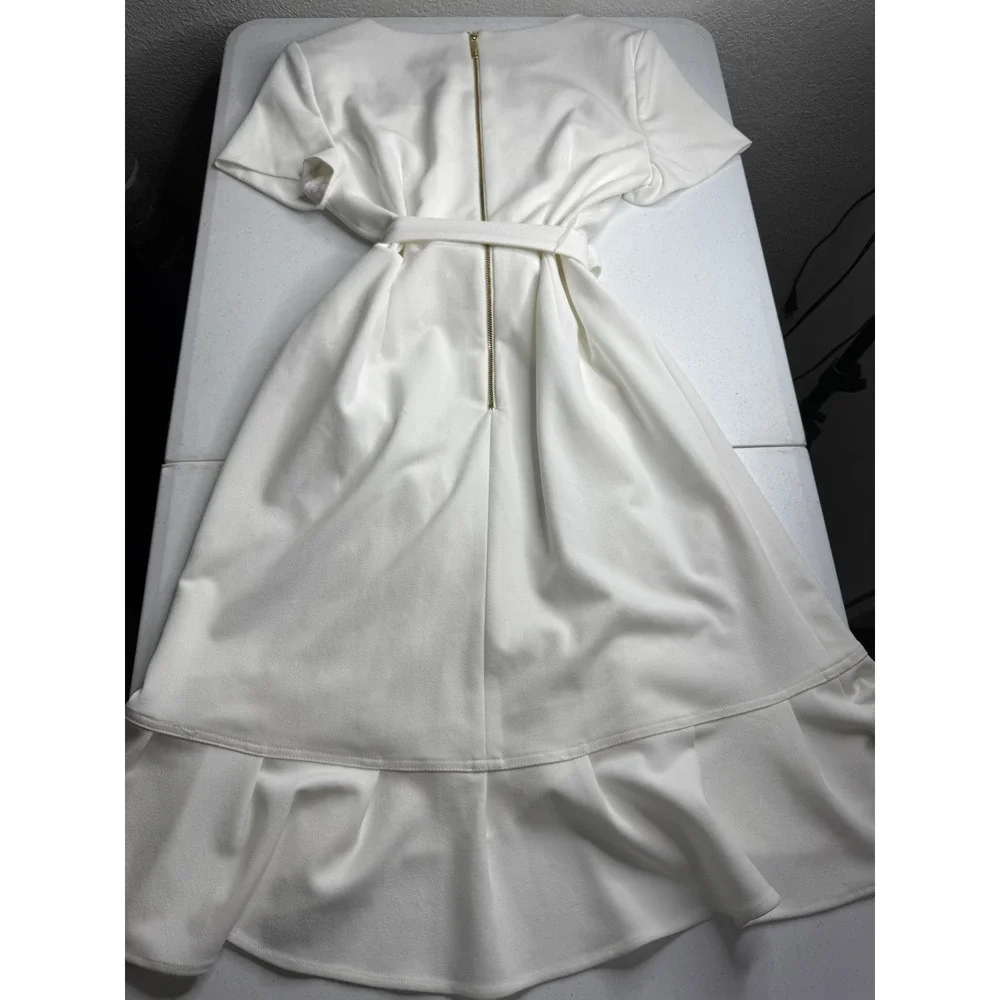 Calvin Klein White Ruffle Tie Waist High Low Scuba Dress Size 12 CD8C16XW - Picture 5 of 10